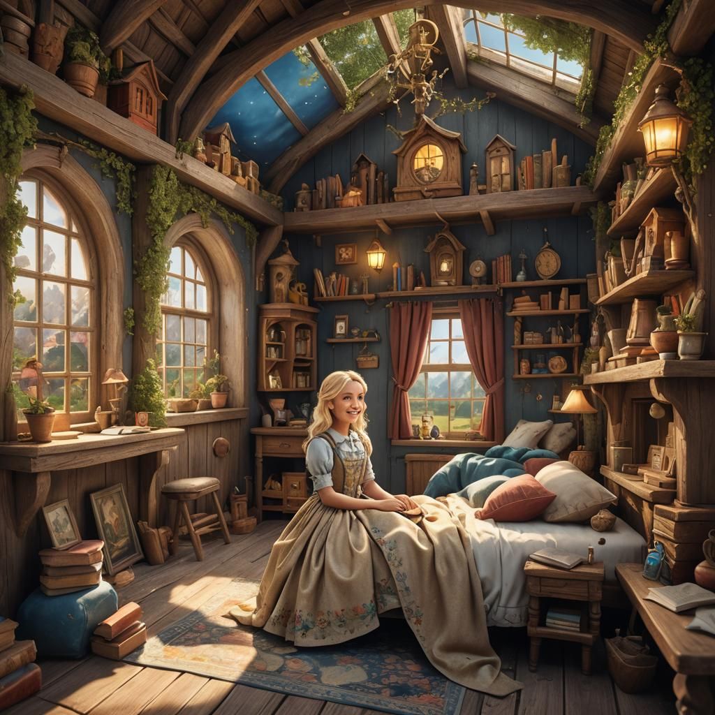 Miniature Bedroom Inside Storybook with Smiling Girl