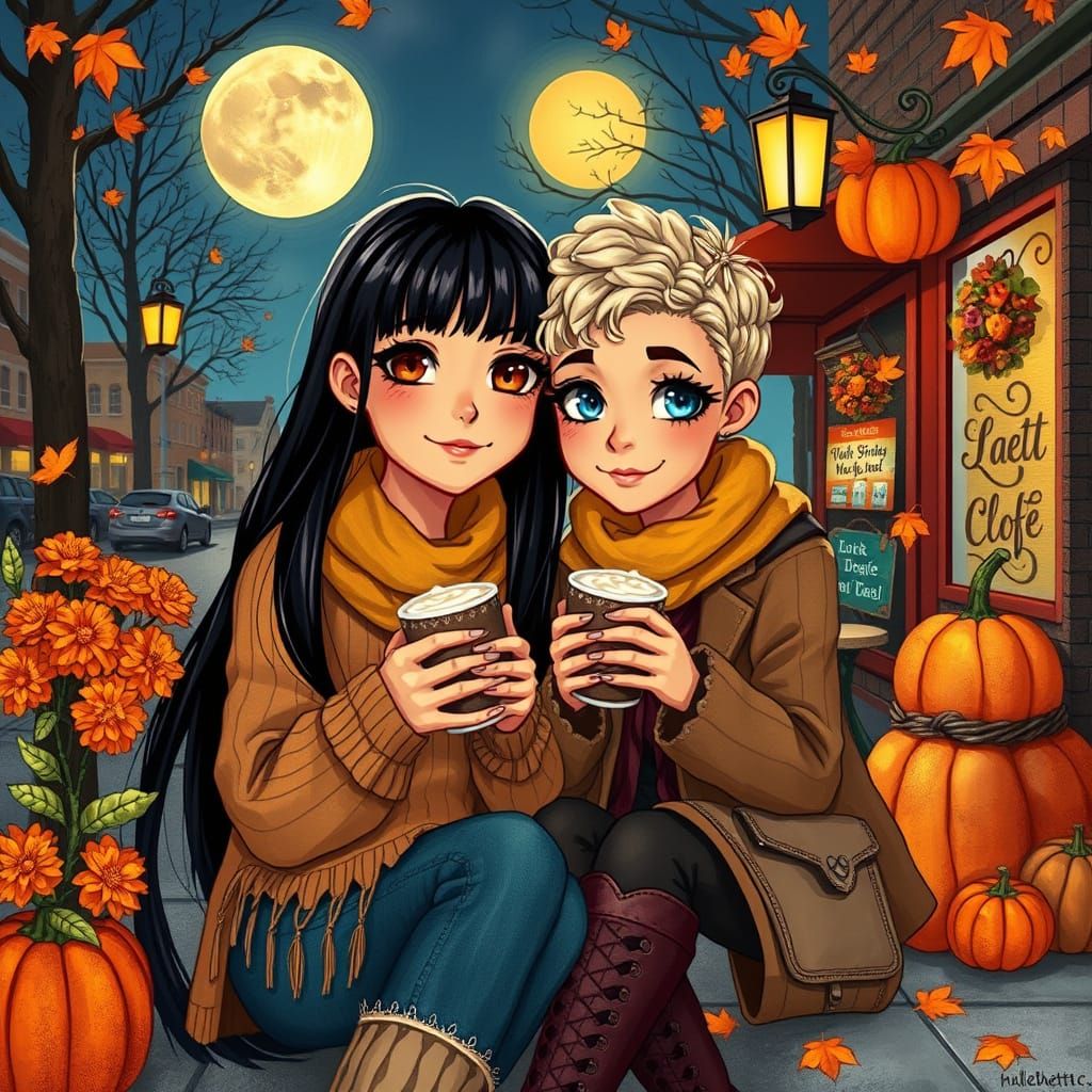 Two Women at Cafe Under Harvest Moon, in Ceccoli Style