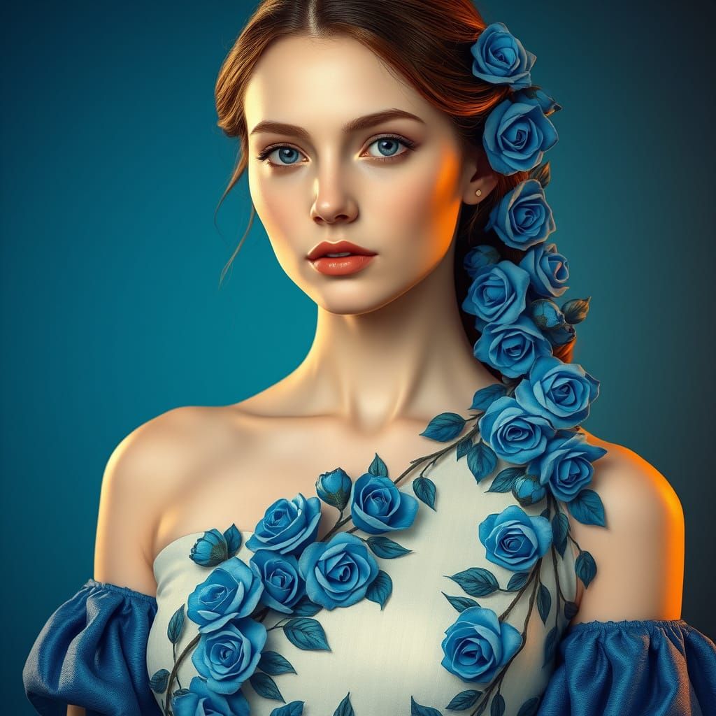 Gentle Beauty in Blue Modest Dress with Lush Roses