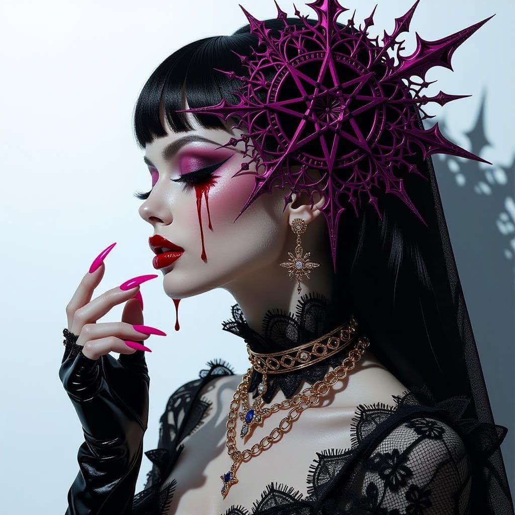 Gothic Femme Fatale with Obsidian Lace and Cosmic Skies