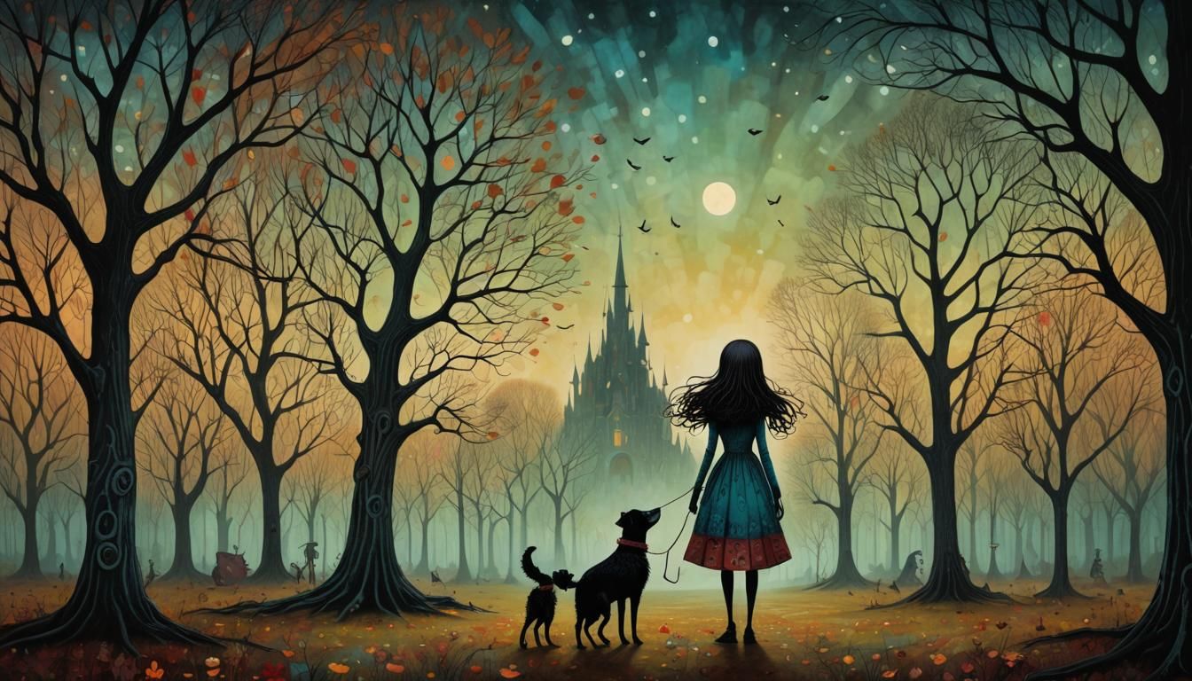 Girl and Dog in Park: Surreal Pop Art