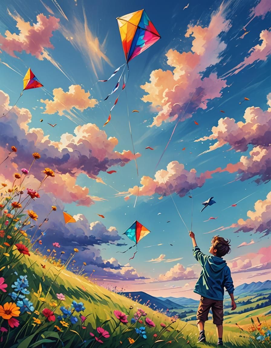 Boy Flying Kite at Sunrise: Vaporwave Watercolor