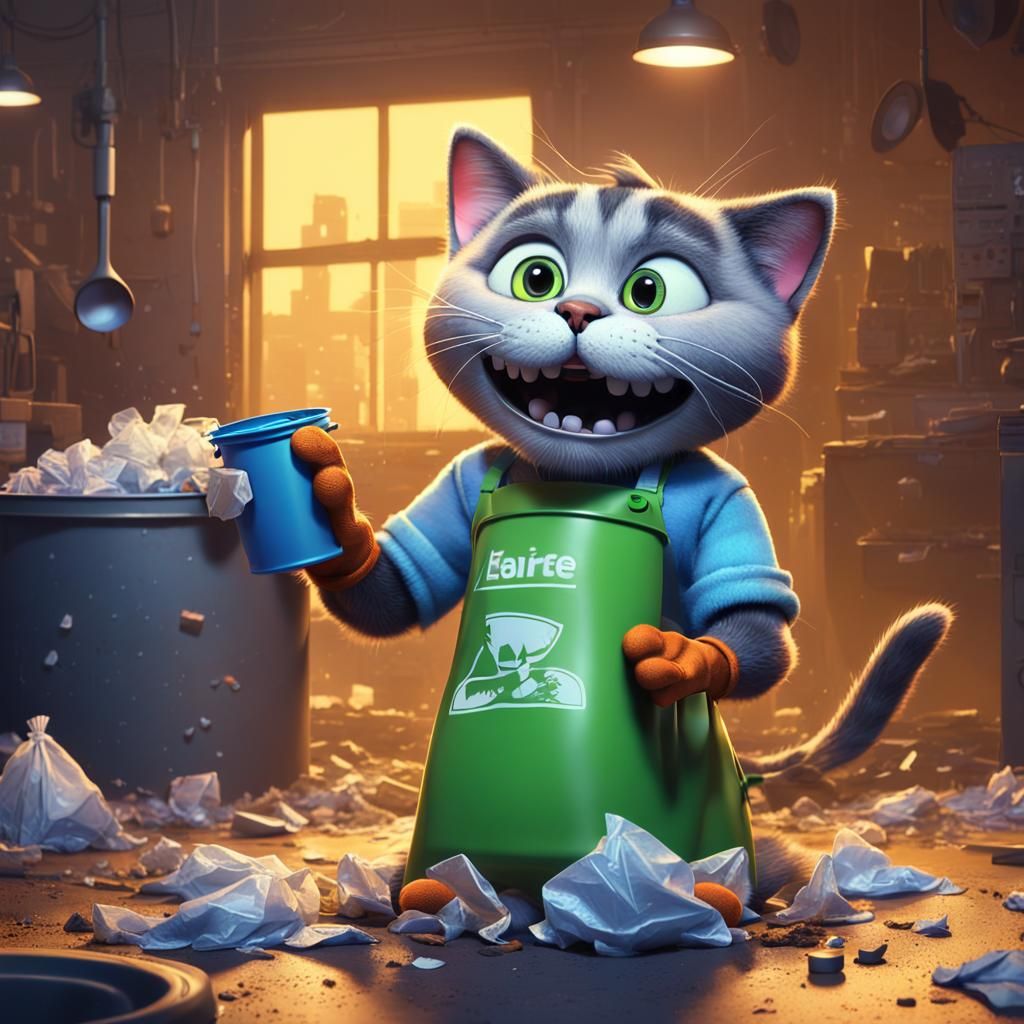Pixar-Style Anthropomorphic Cat Littering Environment