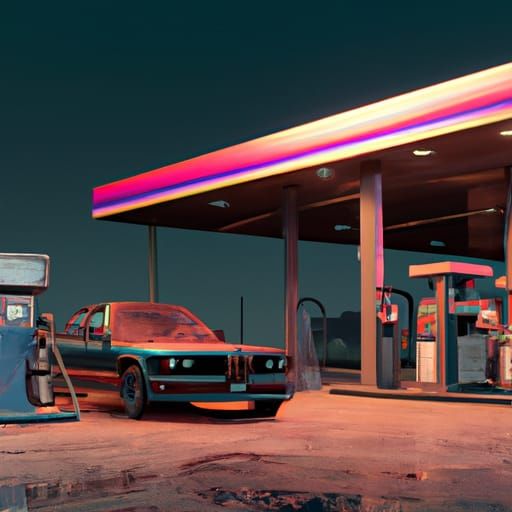 BMW E9 at Desert Gas Station in Splash Art Style