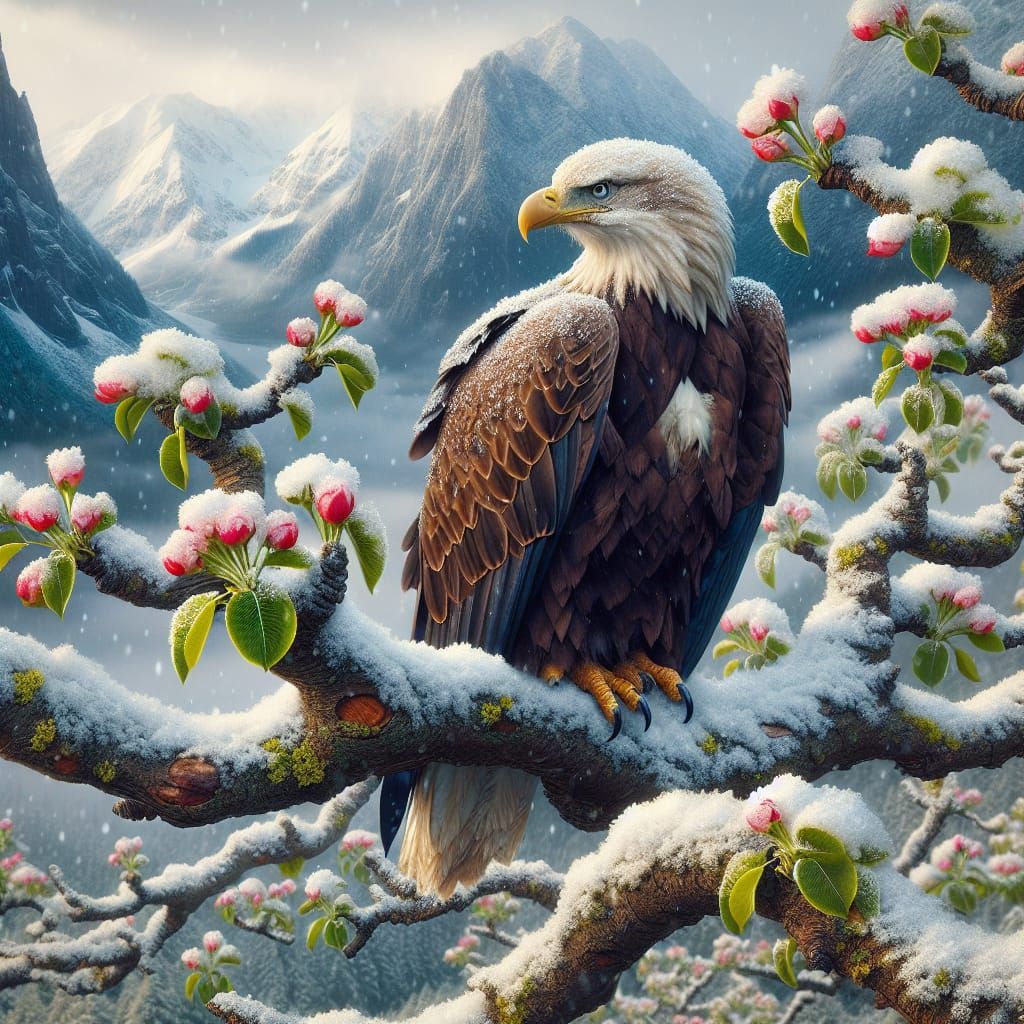 Eagle on Blossoming Branch in Winter Landscape