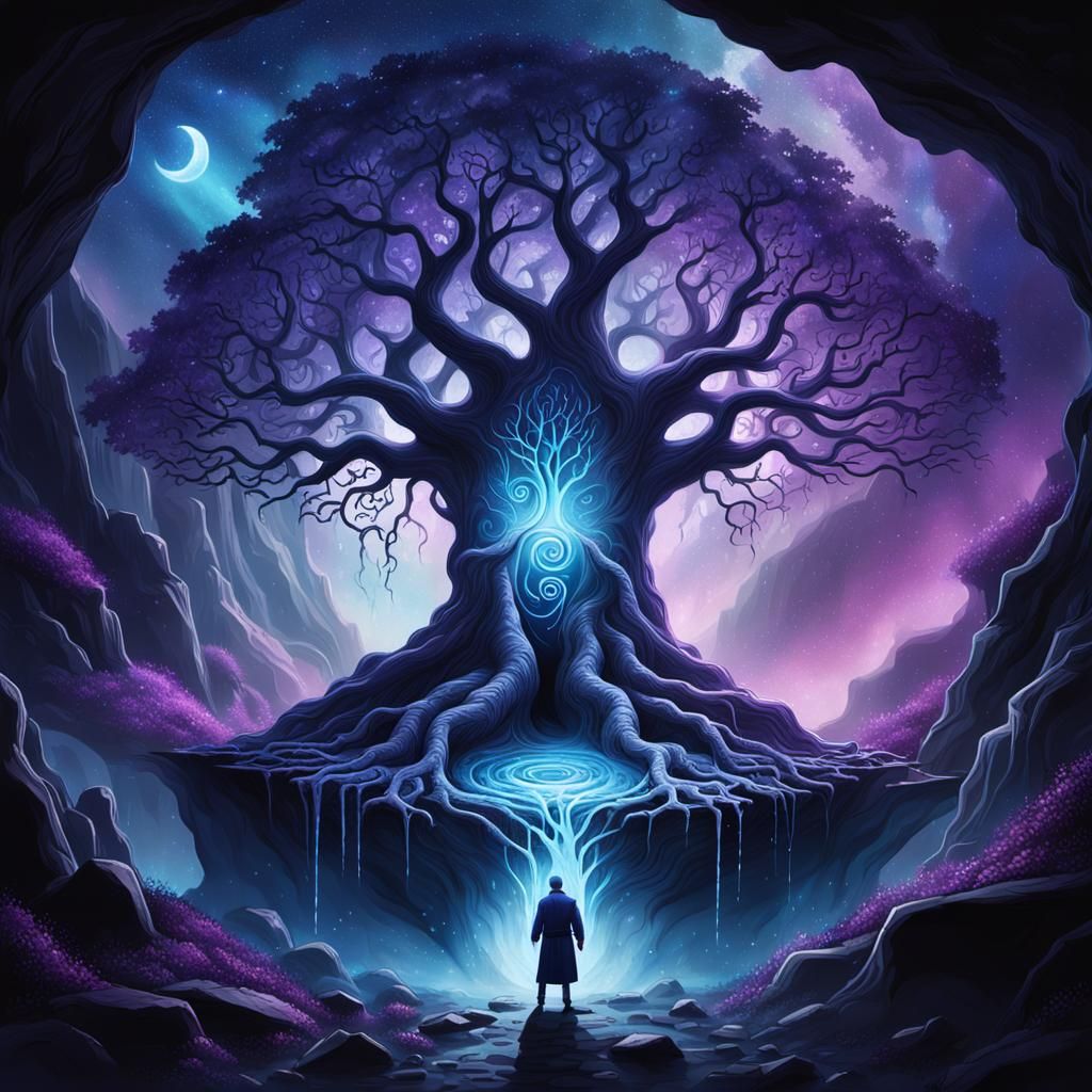Whimsical Wizard in a Celestial Tree Cave