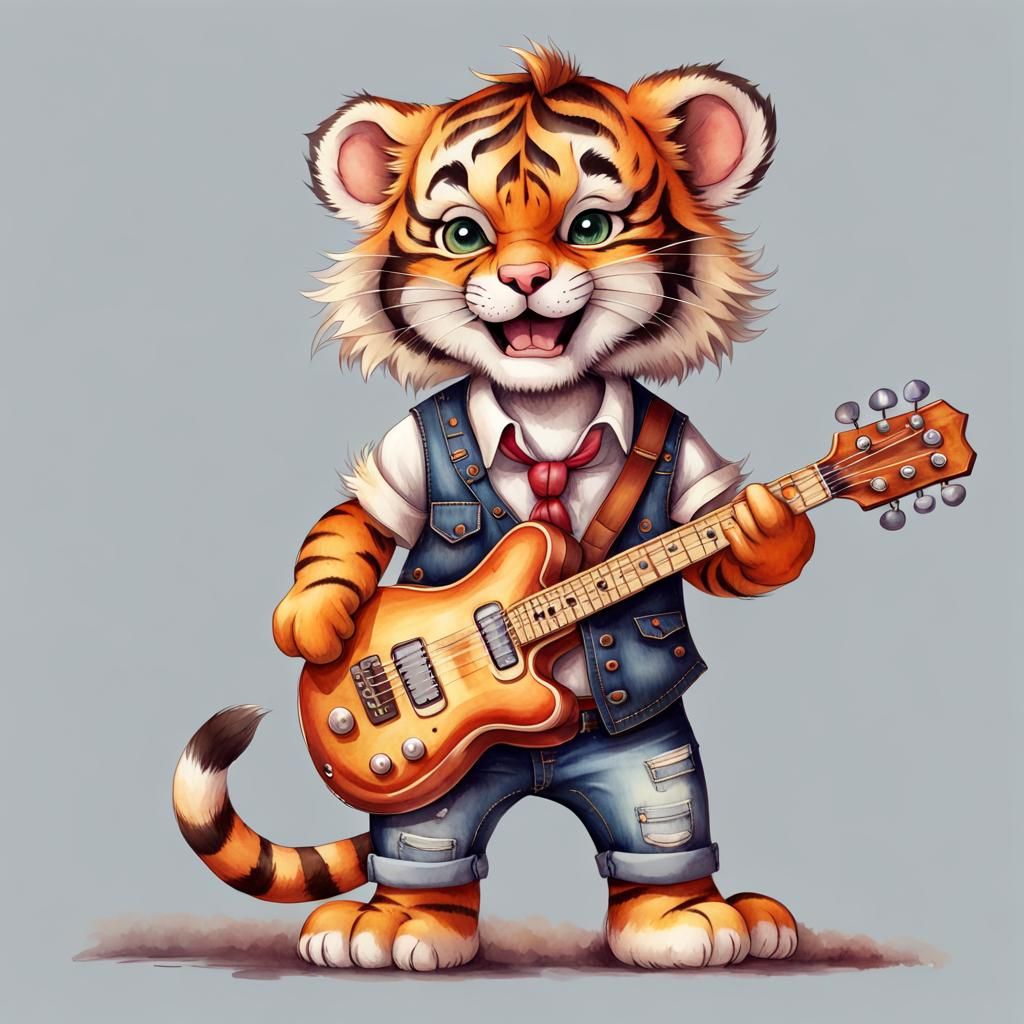 Cartoon Baby Tiger Playing Guitar in Watercolor Style