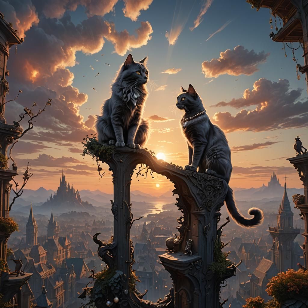 Sunset Silhouette with Nebelung Cat, Fantasy Art