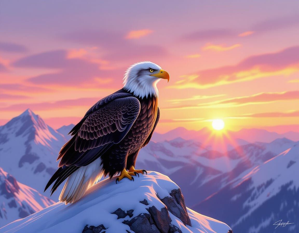 Bald Eagle on Snowy Peak at Sunrise