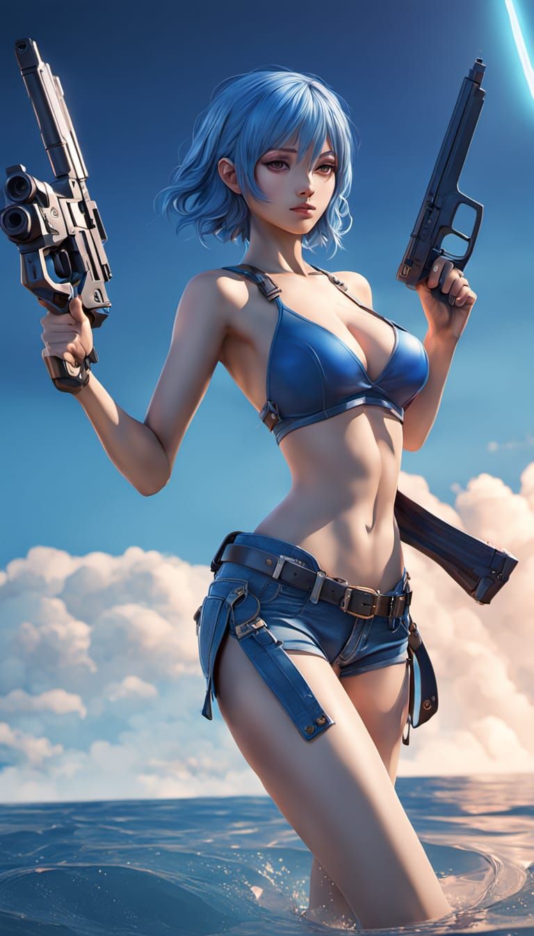 Anime Woman Aiming Gun in Hyperrealistic 3D Style