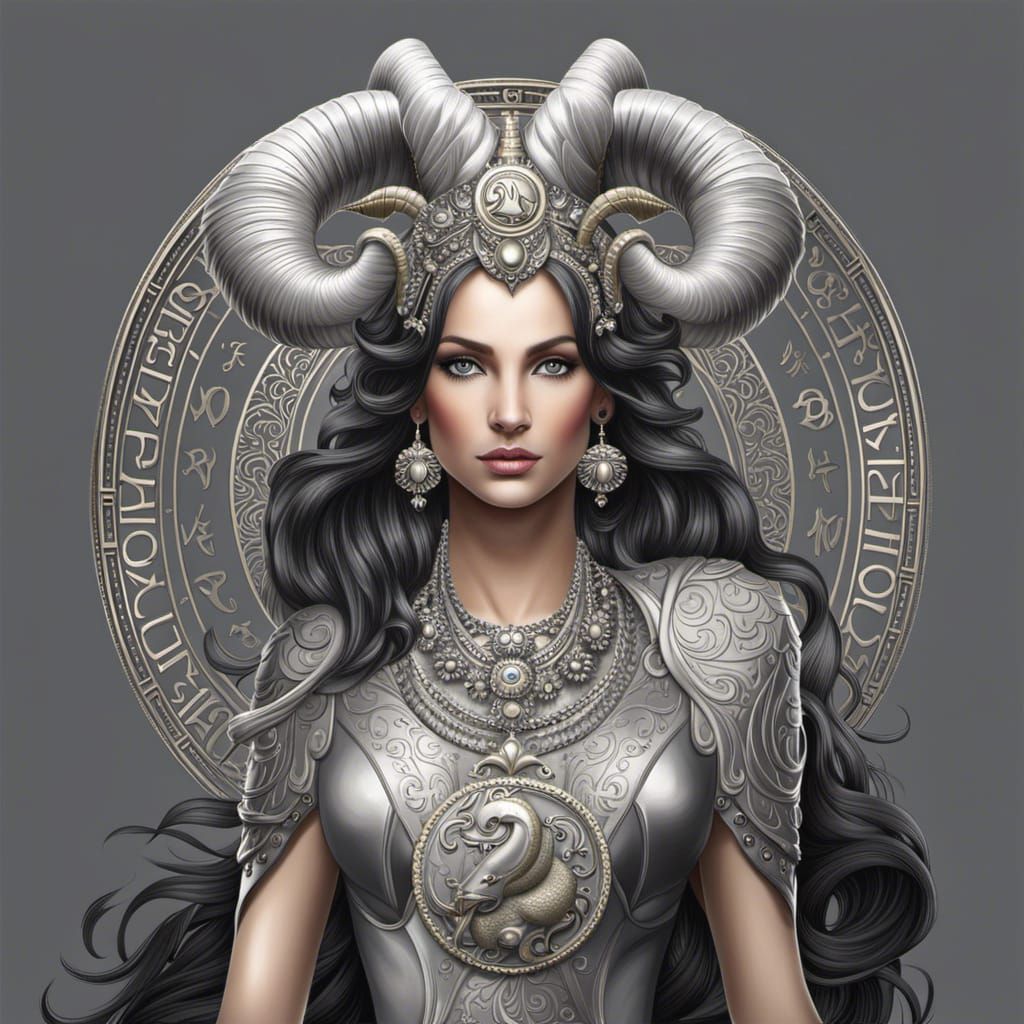 Capricorn: Beautiful Woman in Gray, Hyper Realistic Illustra...