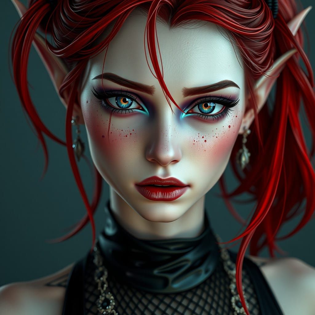 Gothic Female Elf in Latex and Fishnet Attire