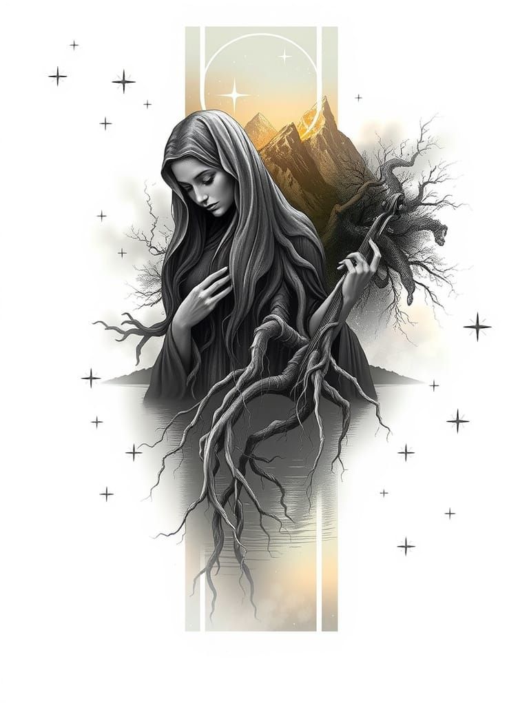 Celestial Mountains and Weeping Goddess Tattoo Design