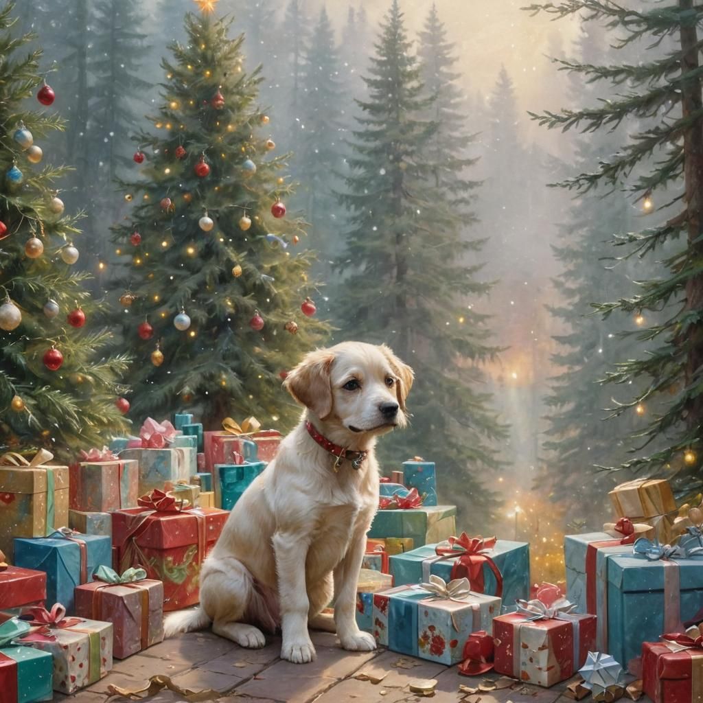 Festive Puppy in Winter Forest: Ethereal Watercolor Art