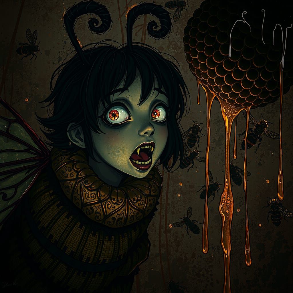 Bee-Human Vampire Girl Enchanted by Dripping Beehive