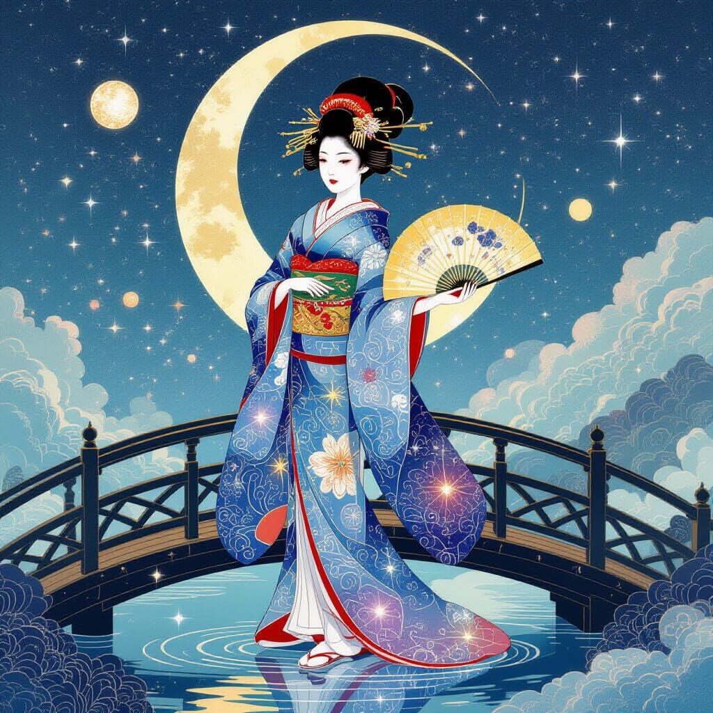 Celestial Geisha on Moonlight Bridge in Cosmic Ocean