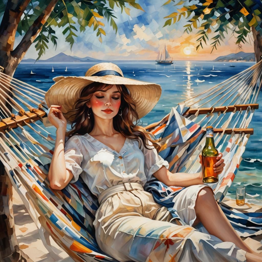 Woman in Hammock: Impressionistic Beach Scene