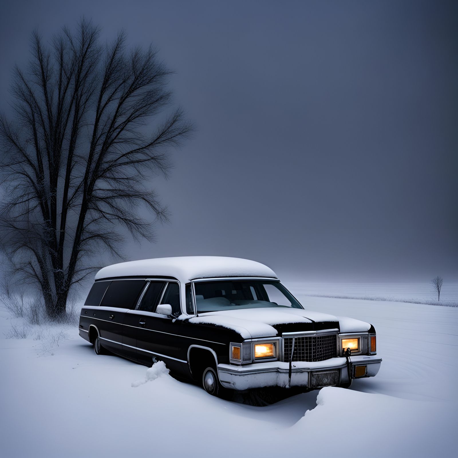 Abandoned Hearse in a Winter Blizzard