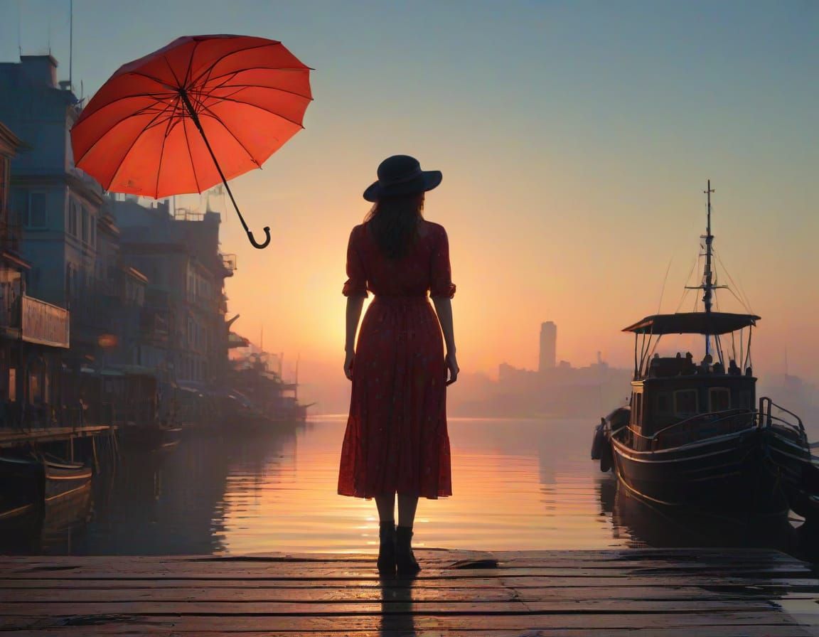 Watercolor Masterpiece of a Lady on a Dock