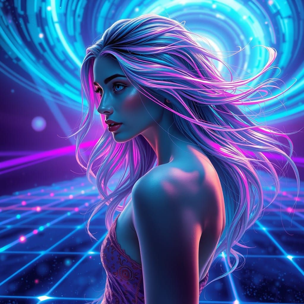 Mystical Cosmic Goddess in Dreamlike Holographic Grid