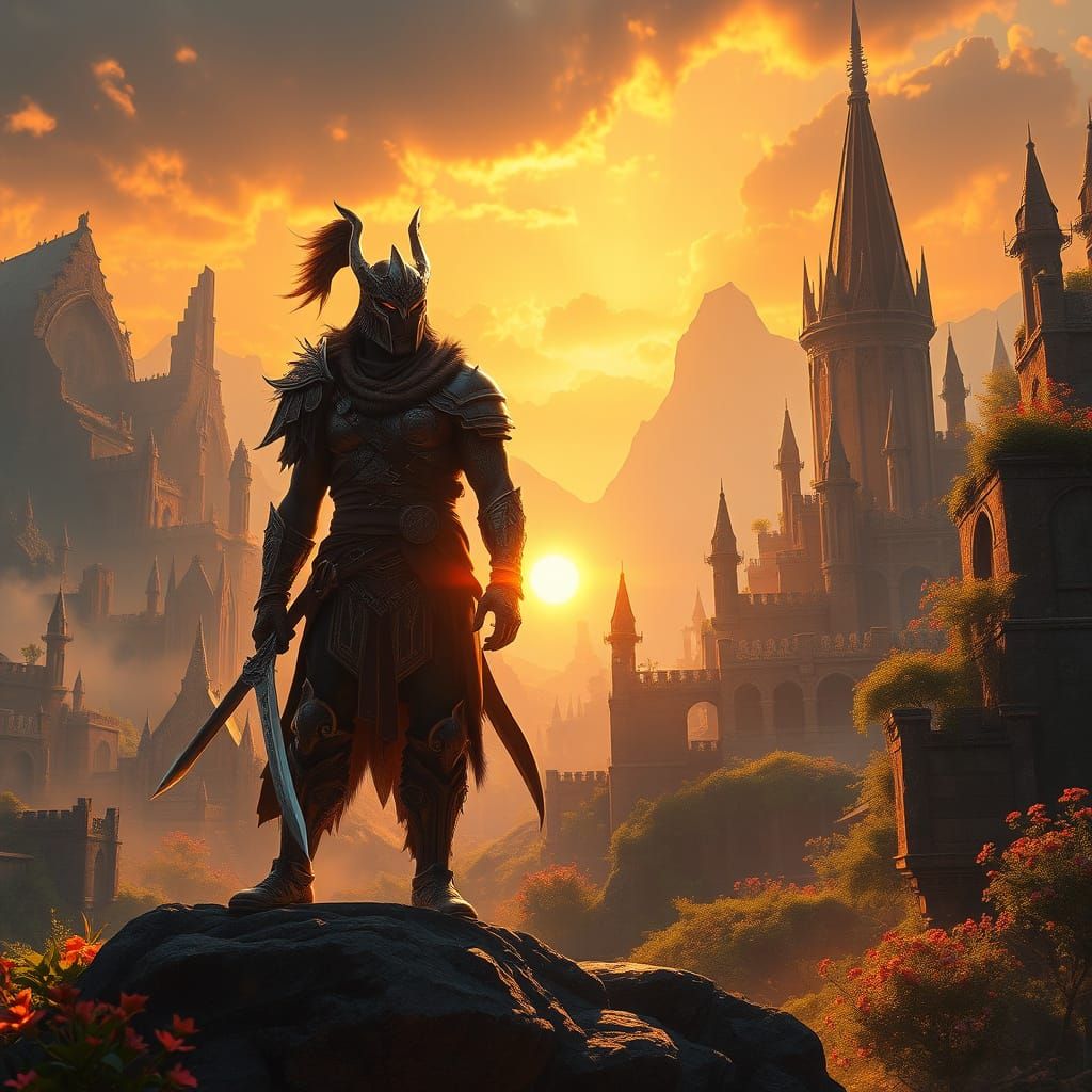 Majestic Warrior in Ancient, Ruined Cityscape at Sunset