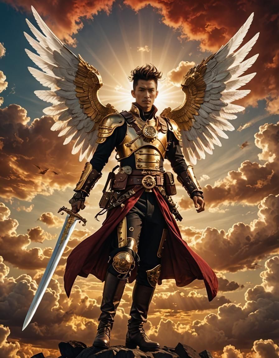 Archangel Michael with Steampunk Sword in Cinematic Style