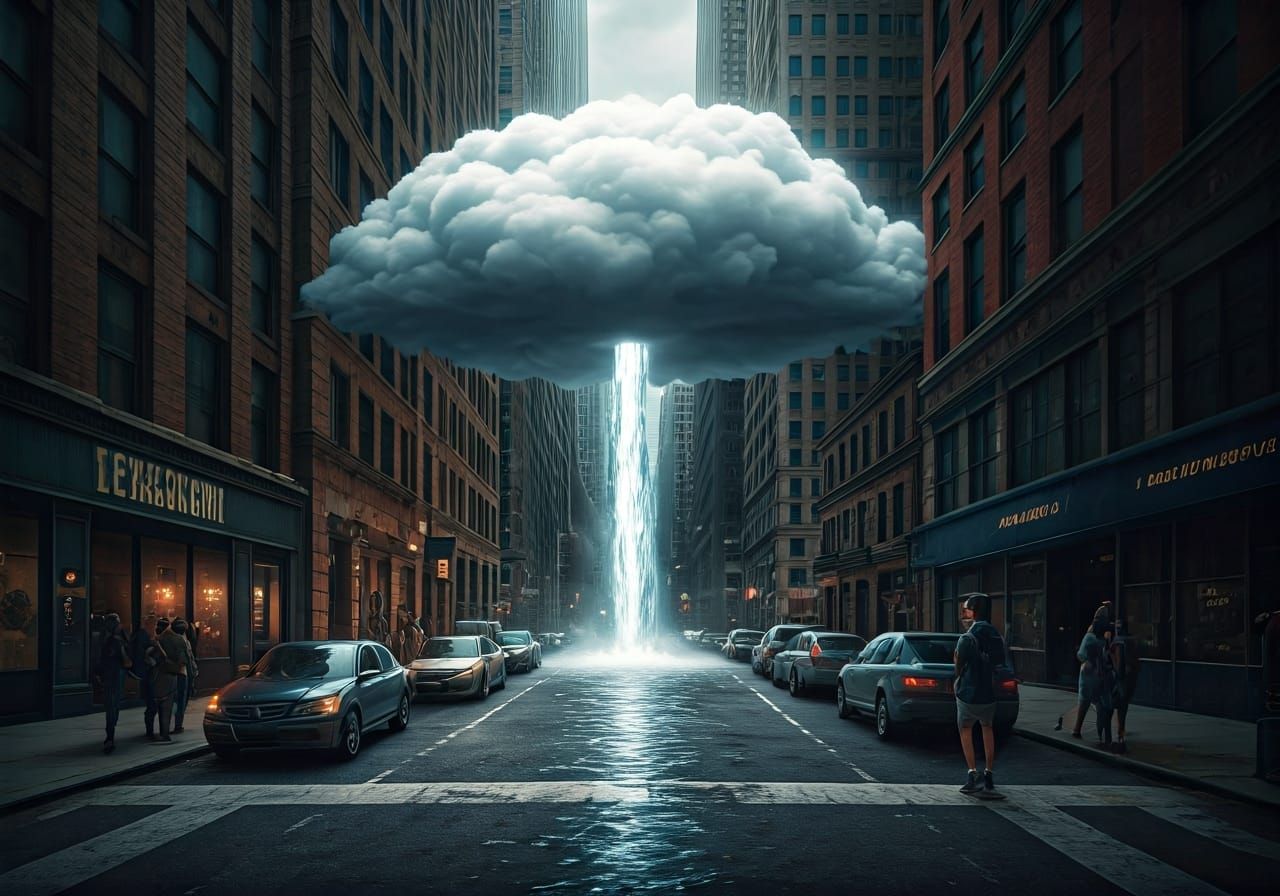 Surreal Waterfall Creates River in Cityscape