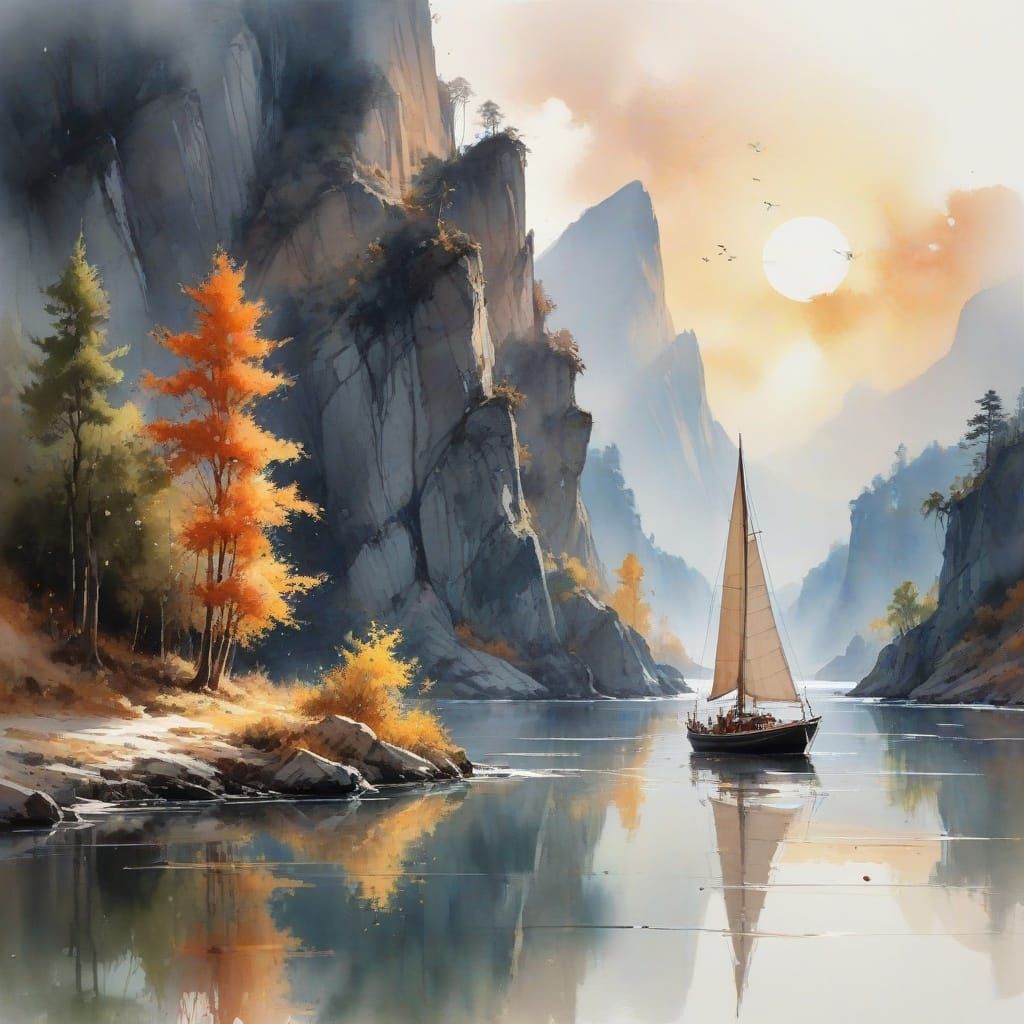 Sailboat on River at Sunset in Watercolor Style