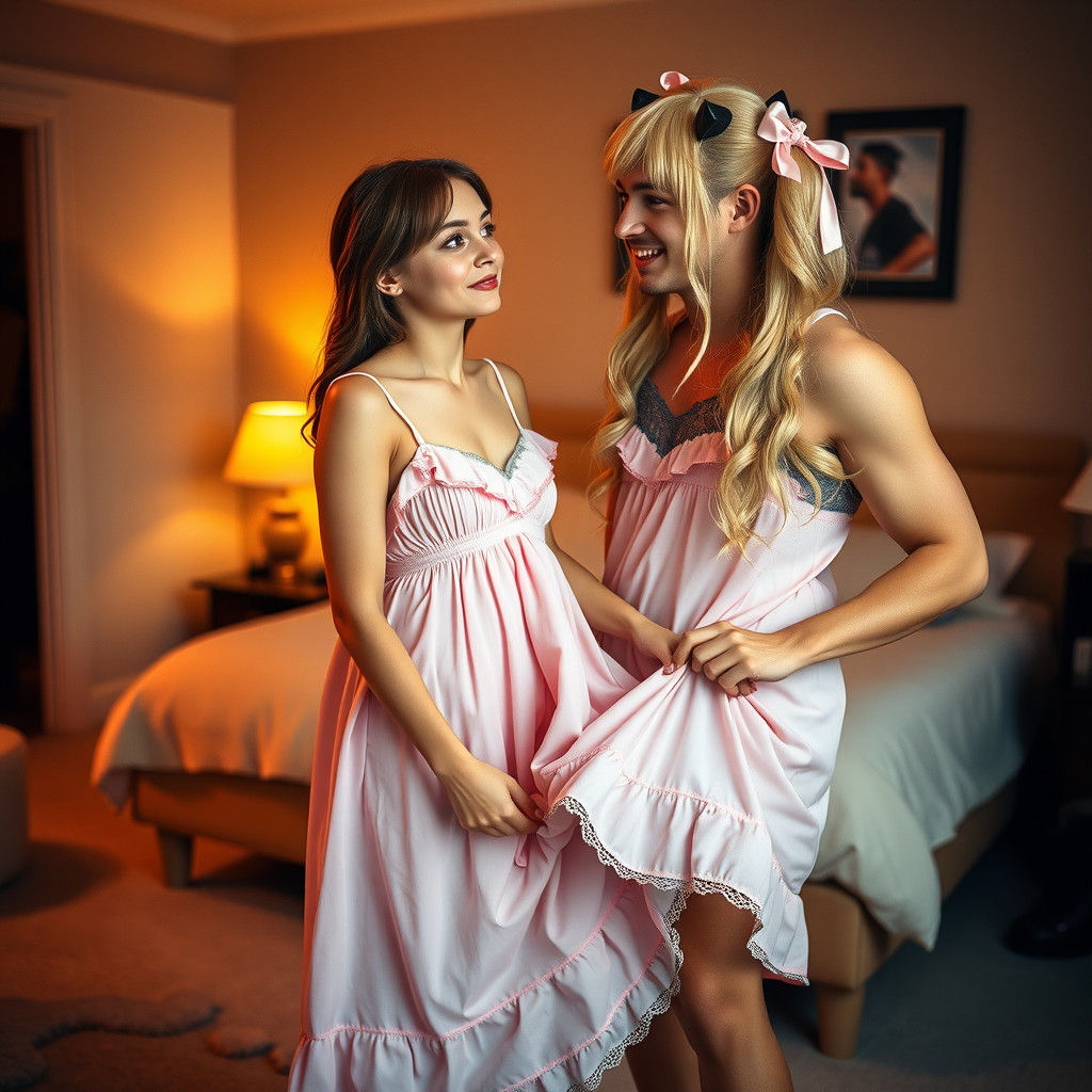 Joyful Moment: Girl Watches Guy Crossdress in Cozy Bedroom