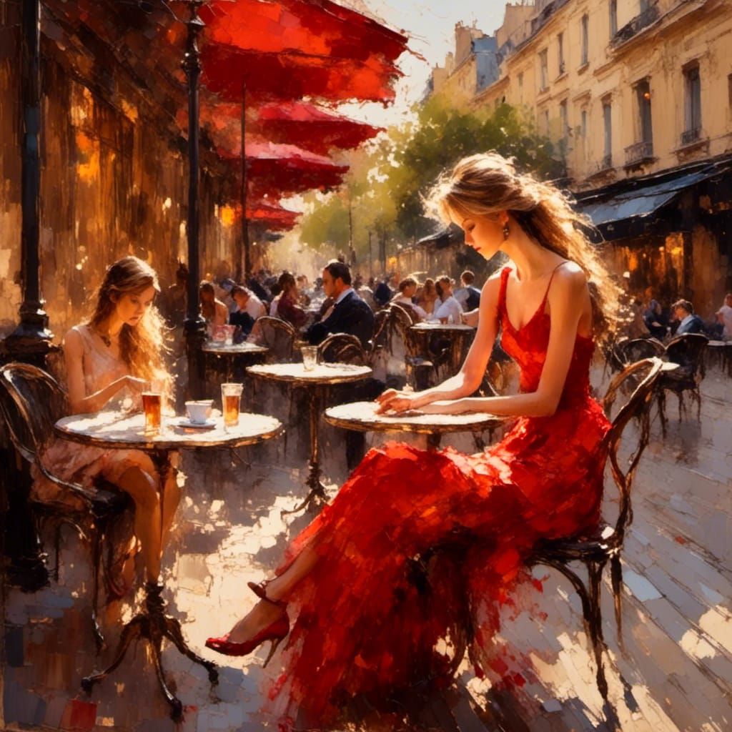 Parisian Cafe Scene: Impressionist Oil Painting of Woman