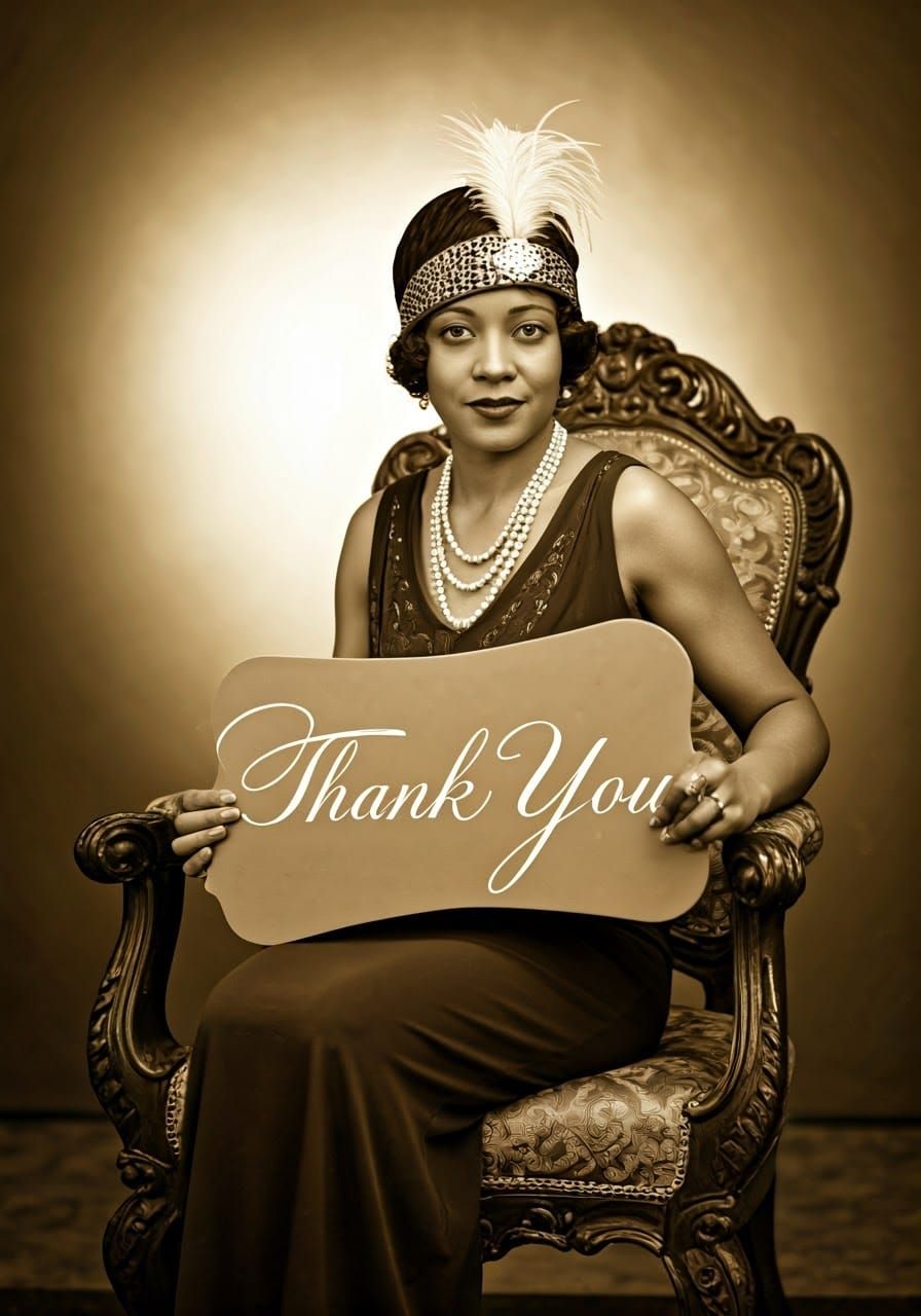 Elegant 1930s Portrait: Woman with Thank You Sign