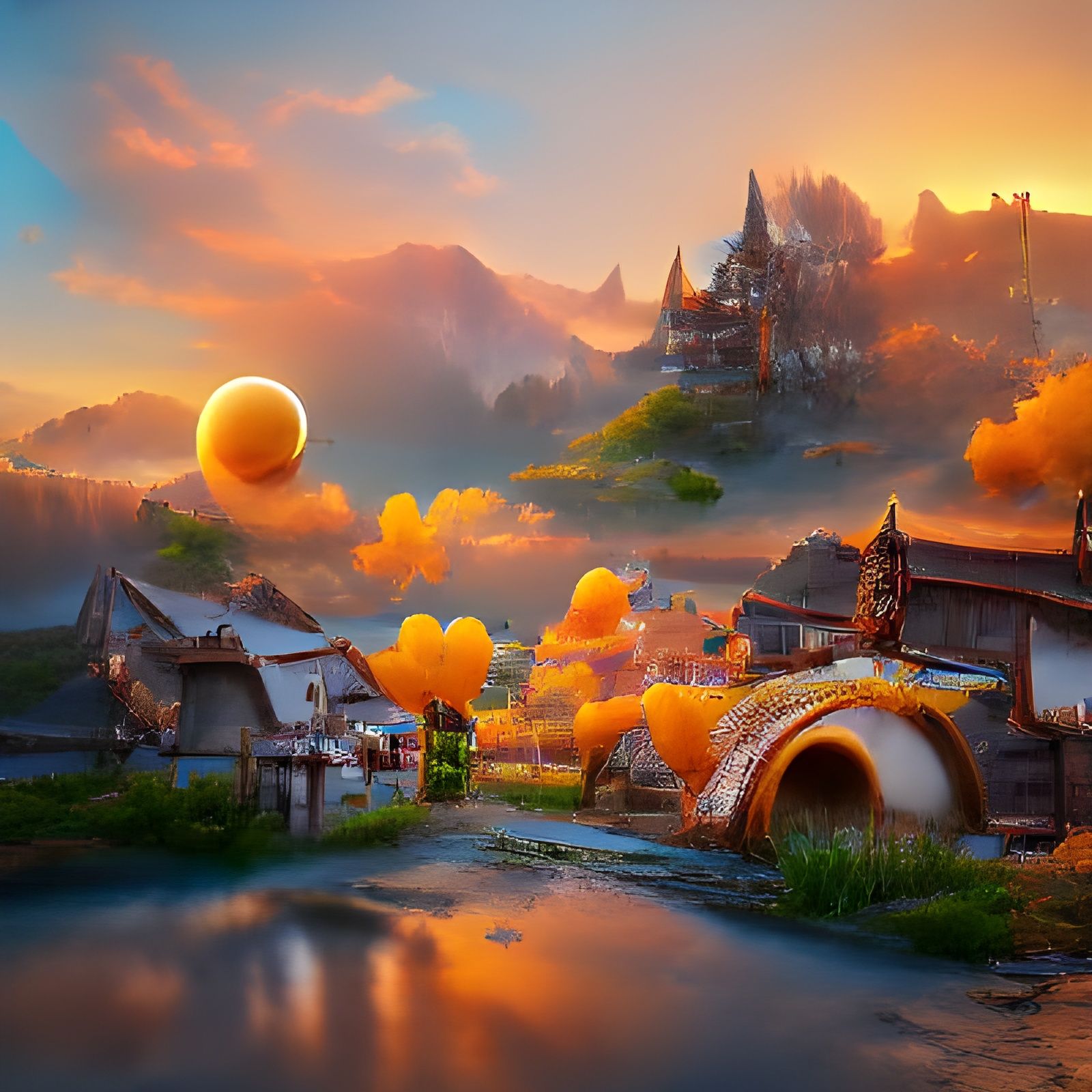 Village at Dawn, Young Child Watches Rising Sun in Golden Li...