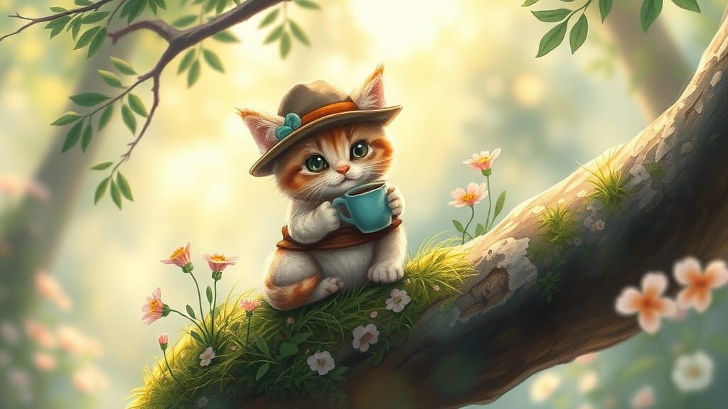 Kitten Adventurer in Enchanted Forest Clearing