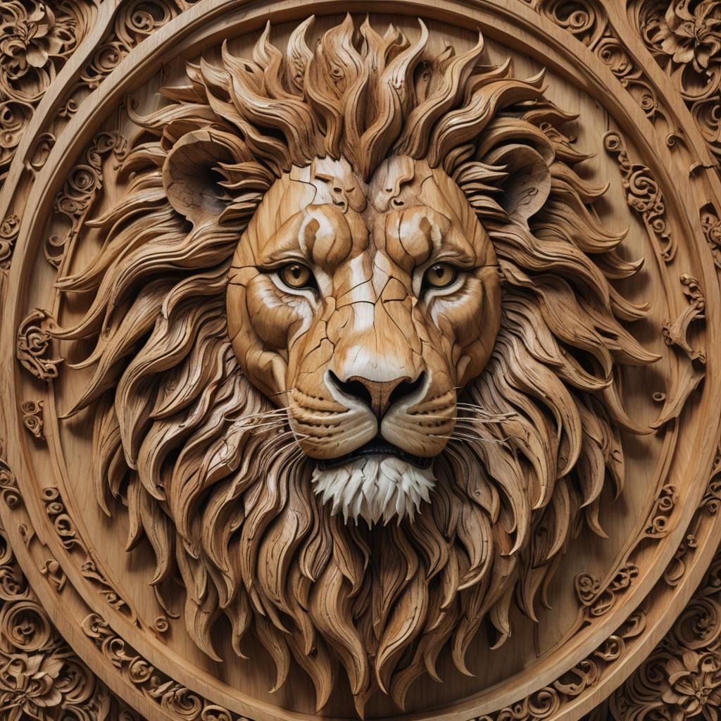 Lion Portrait Merged with Molecular Structure in Wood Carvin...