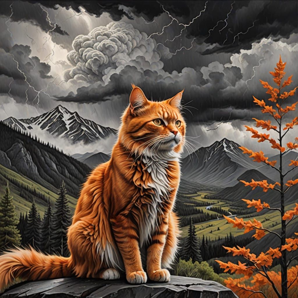 Vibrant Orange Cat Amidst Stormy Mountains