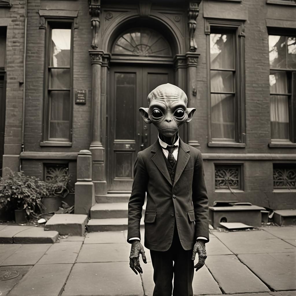 Vintage Photograph of a Humanoid Alien in Suit