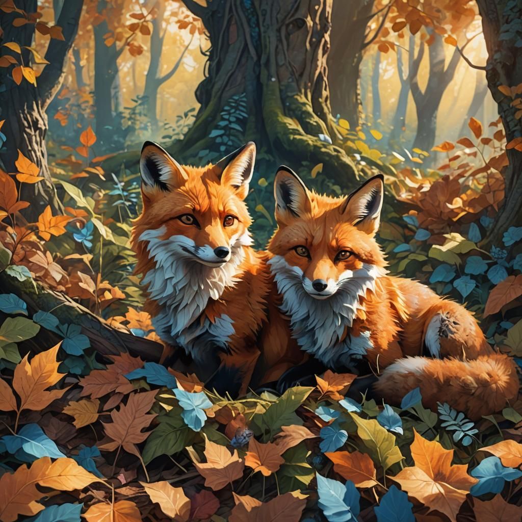 Foxes Cuddling in Leaf Pile: Fantasy Concept Art