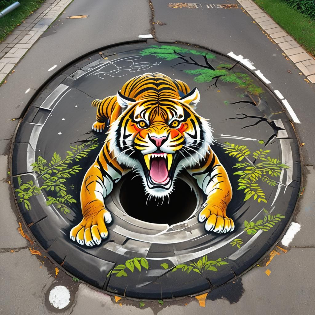 Tiger Emerges: Impressive Chalk Art on Boulevard