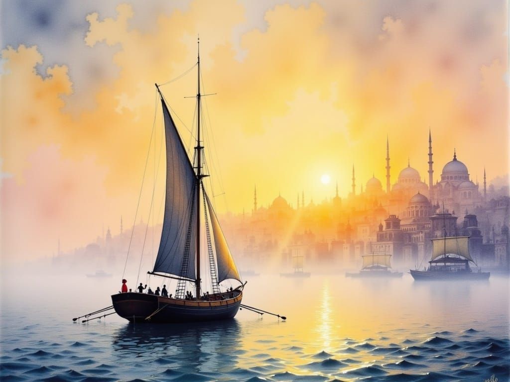 Sleek Byzantine Dromon Approaches Constantinople's Bustling ...