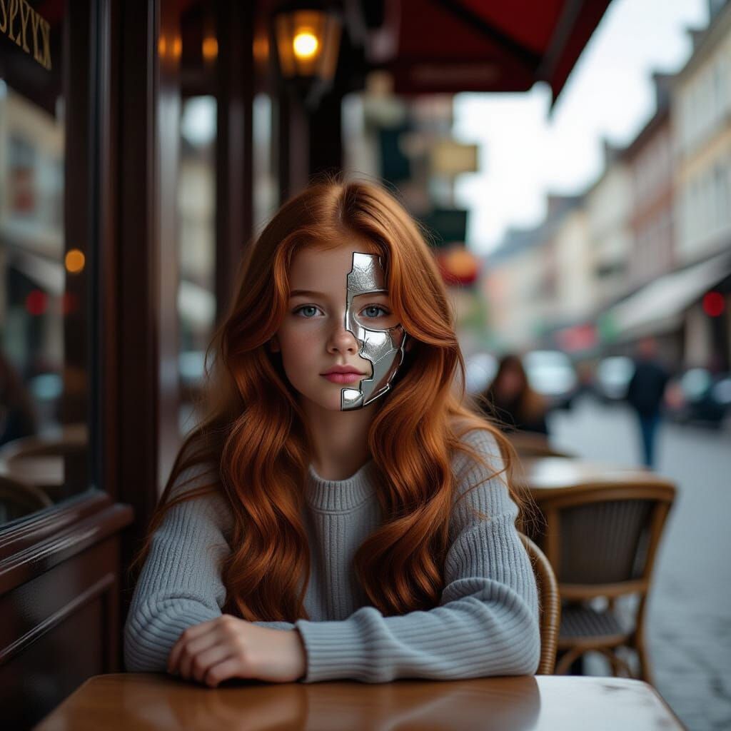 Girl with Metallic Face in Ancient City Cafe