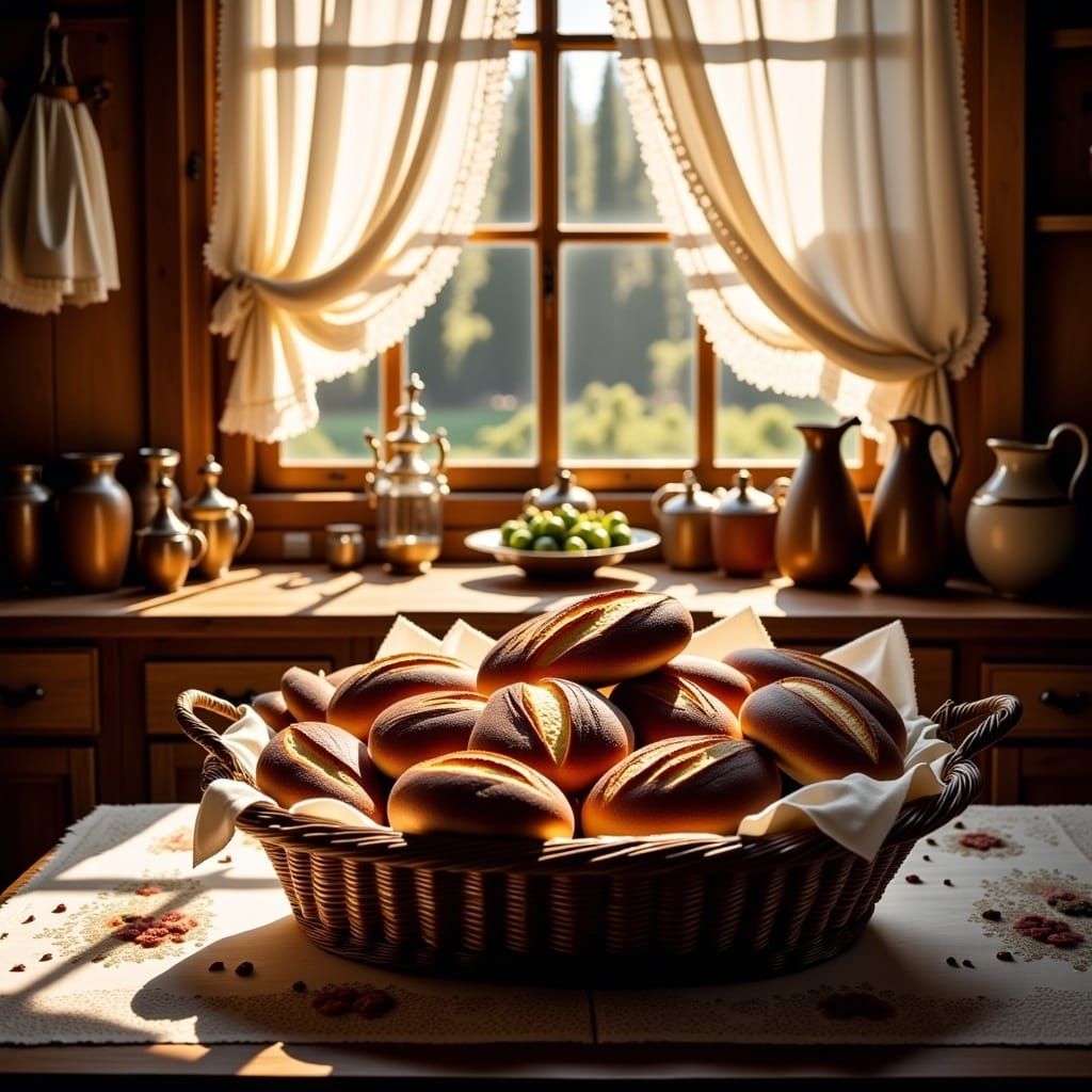 Rustic Kitchen Still Life with Dark Rye Bread