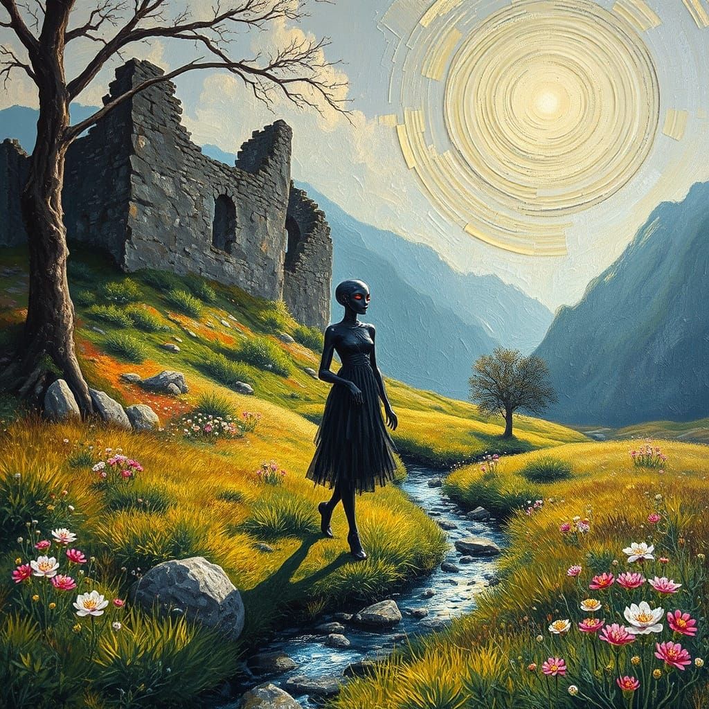Alien Fashionista in Scottish Ruin Landscape Oil Painting