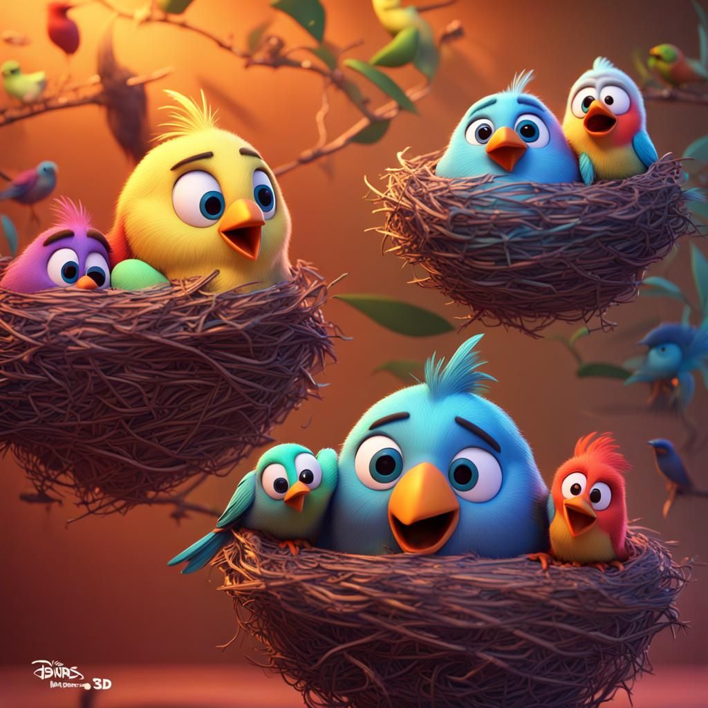 Birds in Nests: 3D Digital Art in Pixar Style