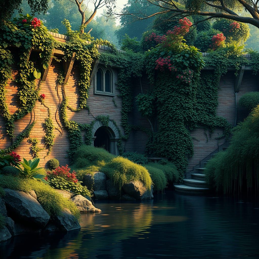 Vibrant Garden Oasis Overlooks Serene River Waters