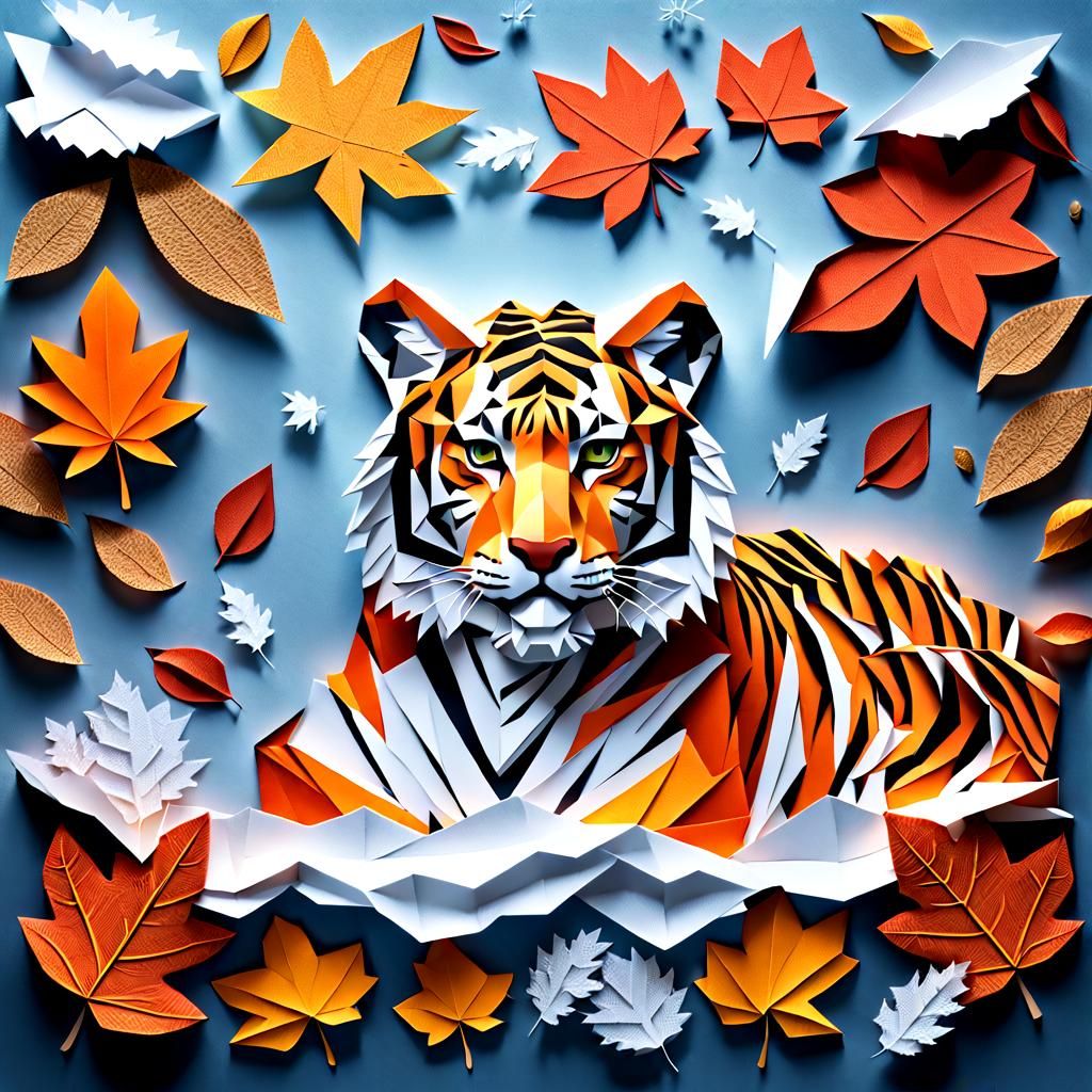 Autumn Tiger Paper Collage in Hyperrealistic Style