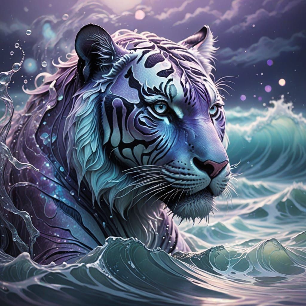 Glowing Tiger Emerge from Oceanic Waves