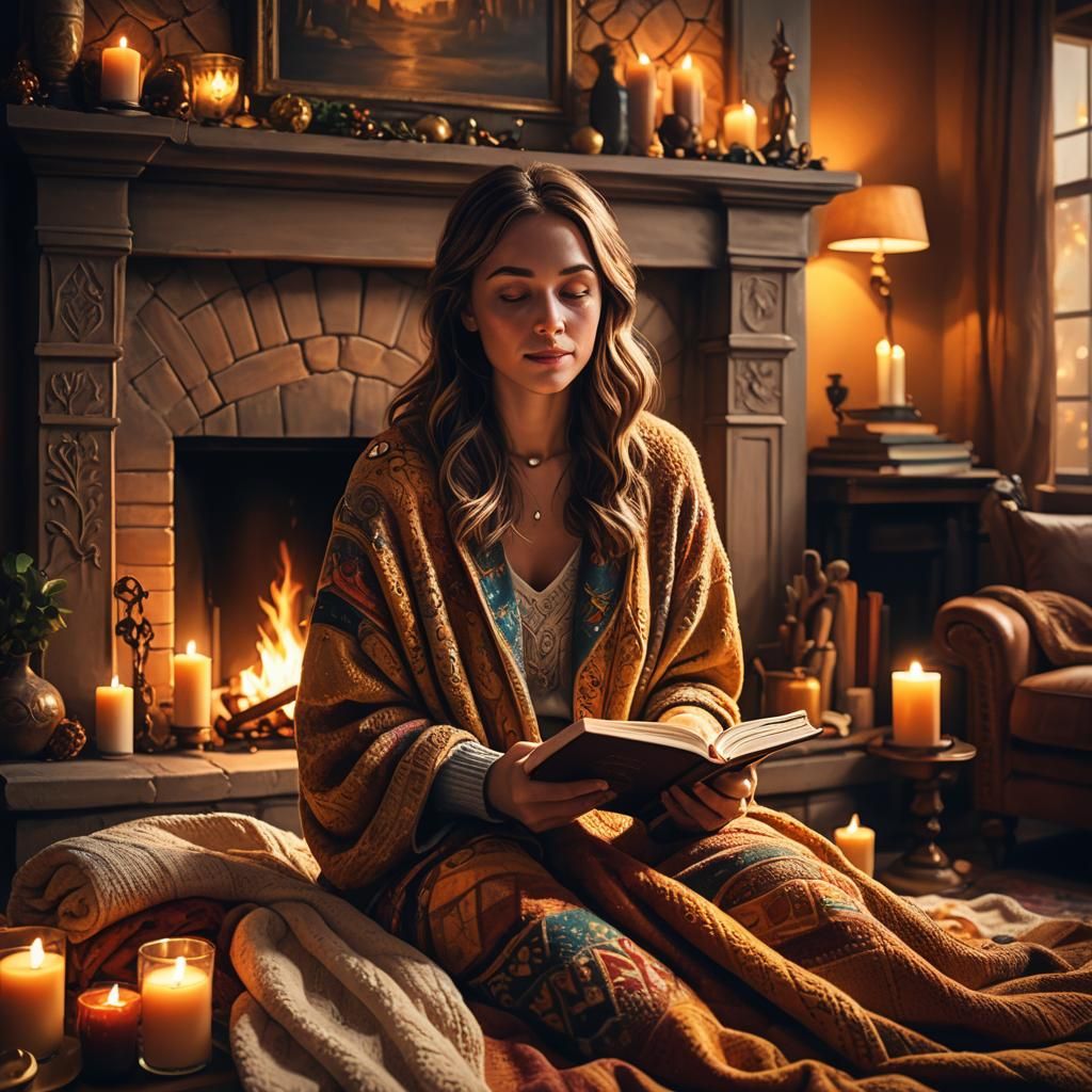 Reading by the fireplace.