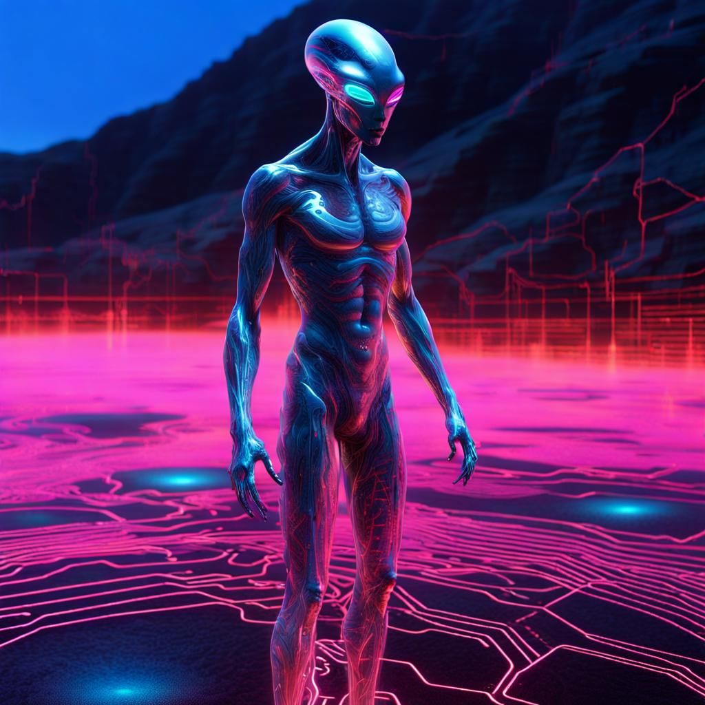 Translucent Alien Figure in Neon Valley