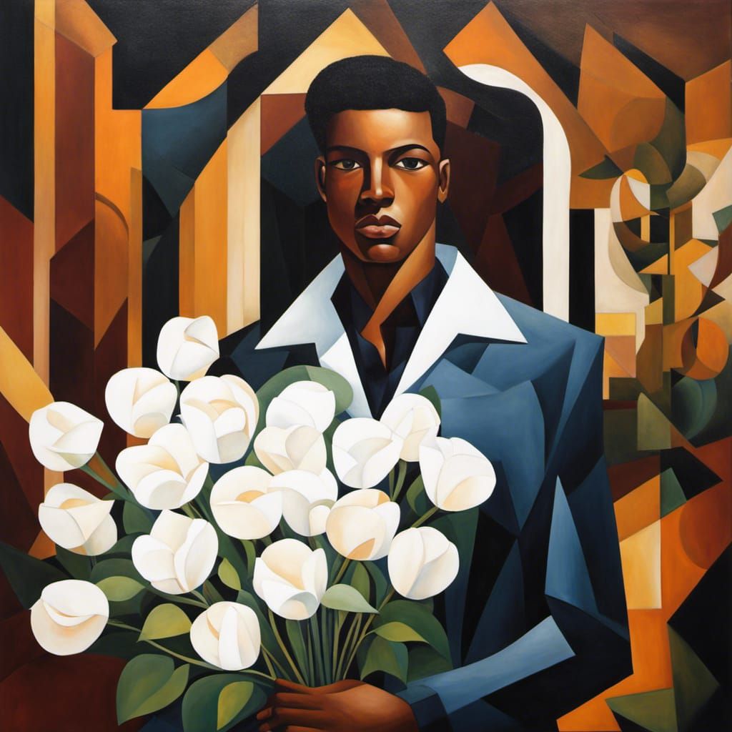 Black Man with Flowers in Cubist Art Deco Style