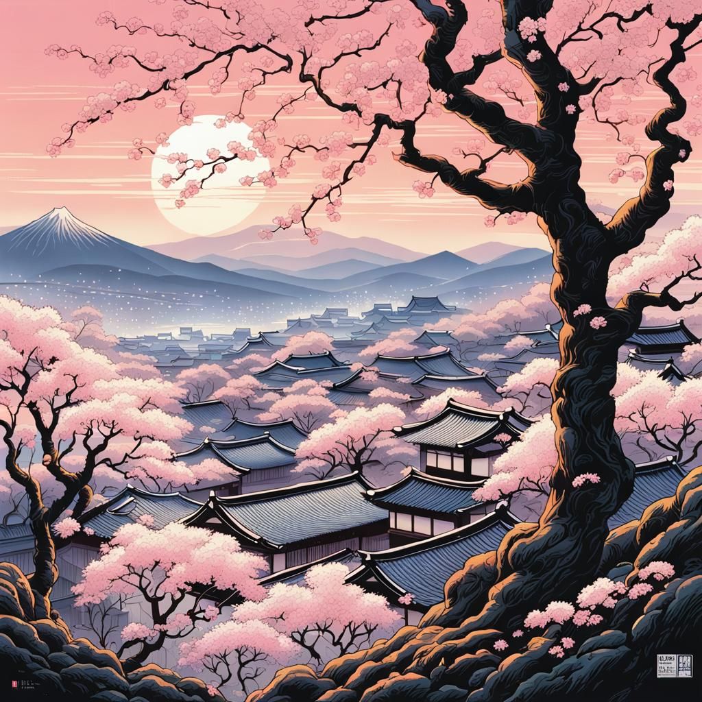 Cherry Blossoms Obscure Japanese Village in Ukiyo-e Style